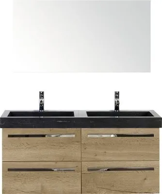 Produktbild von Sanox Badmöbel-Set Seville BxHxT 121 x 170 x 45,5 cm Frontfarbe eiche natur mit Waschtisch Naturstein schwarz, Waschtisc