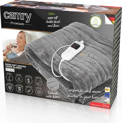 The image shows the packaging of a Camry Premium super soft heating throw blanket.
