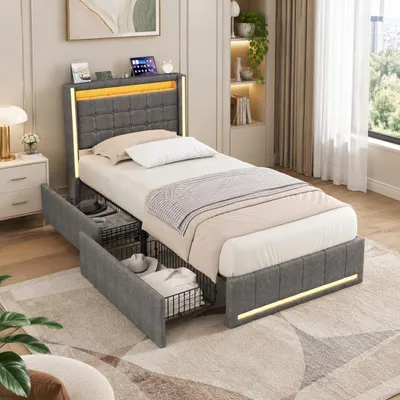 Zdjęcie produktu dla Łóżko tapicerowane INONEFT, 90x200 cm, z 2 szufladami, łóżko jednoosobowe z oświetleniem LED, pojemnikiem w zagłówku i portem USB, rama łóżka z pojemnikiem i stelażem, tkanina, kolor szary