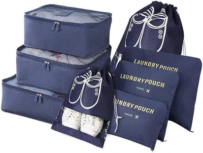 Produktbild von PolkaHome® 8-teilige Reise-Packing-Cubes, Koffer-Organizer mit Wäschebeuteln und Schuhbeuteln, Dunkelblau