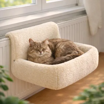 Image de Lit chauffant pour chat Belviona, douillet, solide et chaud, un coin de repos confortable pour les chats jusqu'à 8 kg, couleur crème