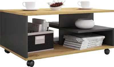 A modern coffee table with storage, featuring a wood top and gray sides, placed on a white background.