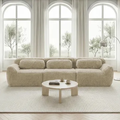 Produktbild von MODFU Dreisitzer Ecksofa,Modulares Sofa mit Geschwungene,ohhne Ottoman,Relaxsofa mit Rutschfester Boden & Kissen,Plüschstoff,Hellkhaki