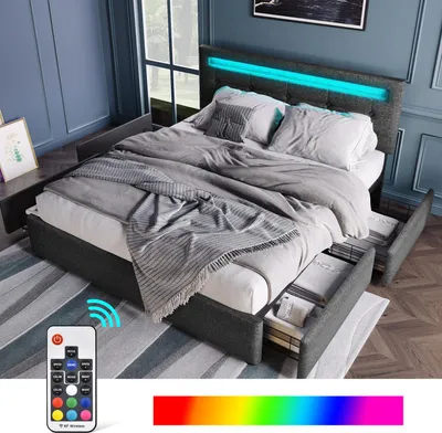 Image de OKWISH Lit avec rangement 140x200 cm - LED et 4 tiroirs - Sans Matelas - Gris