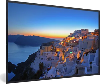 Produktbild von MuchoWow® Gerahmtes Poster Oia Santorini mit farbenprächtigem Sonnenuntergang in Griechenland 90x60 cm - Poster mit Schwarzem Bilderrahmen Wandposter Rahmen Foto Bilder - Fotorahmen - Foto-Plakat