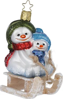 Produktbild von Christbaumschmuck Schneemänner auf Schlitten 10,5cm Glas Figur