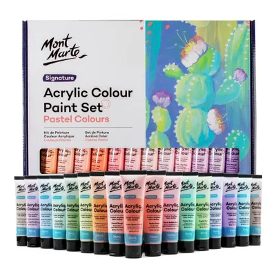 Produktbild von Mont Marte Pastell Acrylfarben Set – 48 x 36 ml – Sanfte Macaron-Farbtöne, wasserbasiert & ideal für Leinwand, Karton, Papier, Ton, Holz, Stein uvm.