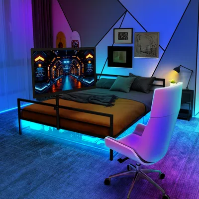 Image de OKWISH Lit de Jeu 90x200 cm, Lit avec Rangement sous le Lit et Support Réglable, Éclairage LED Intégré, Moderne - Fer - Noir