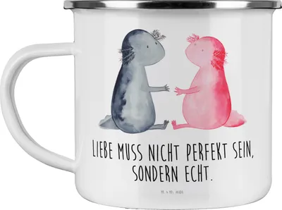 Produktbild von Mr. & Mrs. Panda wandertasse Axolotl Liebe - Weiß - Geschenk, Emaille Tasse, Teetasse, Haferl, Valentinstag, Teebecher, Freund, Becher, Pott