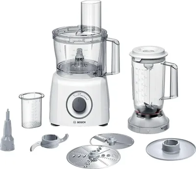 A white Bosch food processor and blender set with various attachments, displayed on a white background.