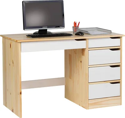 Produktbild von Schreibtisch HUGO aus massiver Kiefer in natur/weiß, schöner Schülerschreibtisch mit 5 Schubladen, praktischer Bürotisch mit Querstrebe für Stabilität