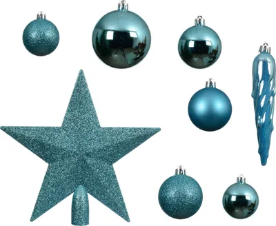 Produktbild von Weihnachtskugeln Kunststoff mit Christbaumstern 33er Set - Folkloreblau