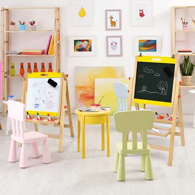Immagine prodotto di COSTWAY Cavalletto per bambini 3 in 1, lavagna bianca e gesso e carta da disegno regolabile in altezza, lavagna per bambini con ripiano e accessori giallo
