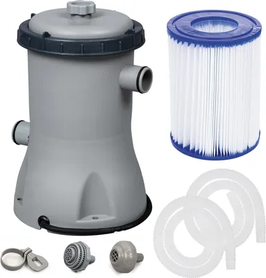 A collection of pool cleaning equipment, including a filter pump, filter cartridge, hoses, and connectors, displayed against a white background.