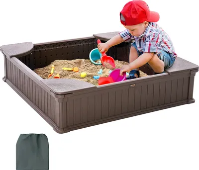 Zdjęcie produktu dla Piaskownica VEVOR z pokrywą, kwadratowa piaskownica, piaskownica HDPE z 4 siedziskami narożnymi i wykładziną podłogową, piaskownica dla dzieci, prezent dla chłopców i dziewczynek w wieku 3-12 lat, brązowa