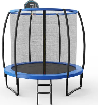 Produktbild von KOMFOTTEU Ø 244 cm Trampolin, Kindertrampolin mit Basketballkörbe & Leiter, rundes Gartentrampolin mit Sicherheitsnetz & Randabdeckung für Kinder & Erwachsene, Blau + Schwarz