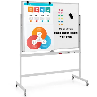 Zdjęcie produktu dla Mobilna tablica magnetyczna 160/180 cm z regulacją wysokości i możliwością obrotu o 360°, dwustronna tablica magnetyczna 120x90 cm ze stojakiem, aluminiowa rama tablicy z półką na pisaki wraz z akcesoriami (biała)