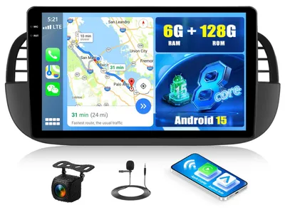 Zdjęcie produktu dla Radio samochodowe Android 15, 8-rdzeniowe, 6+128G, przeznaczone do Fiata 500 (2007-2015) – 9-calowy dotykowy ekran HD z obsługą Carplay