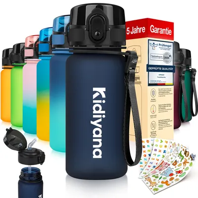 Produktbild von 4FRESH Kinder Trinkflasche 350 ml aus Tritan – BPA-frei, auslaufsicher mit Trinkhalm, 1-Klick-Öffnung, Trageschlaufe und Stickern
