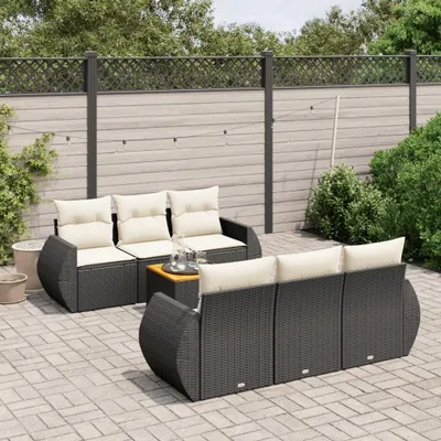 Produktbild von Design 7-tlg. Garten-Sofagarnitur mit Kissen Schwarz Poly Rattan, Gartenmöbel-Sets 2024 Neu