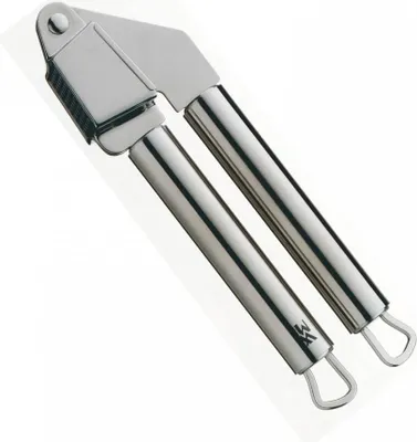 A stainless steel garlic press on a white background.