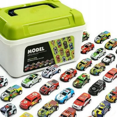 A collection of small toy cars displayed in front of a storage container.