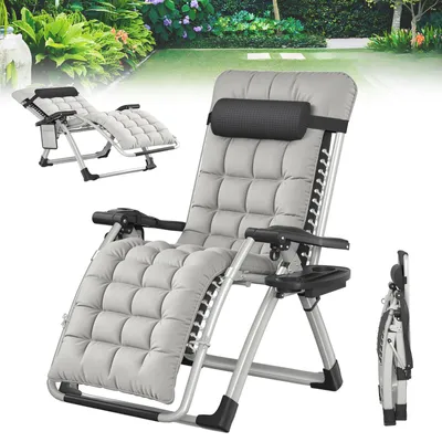 Image de Chaise longue de jardin UISEBRT rembourrée avec coussin moelleux, pliable et inclinable de 90 à 170°, structure en acier pouvant supporter jusqu'à 160 kg, avec oreiller, porte-boissons et poche latérale, gris clair