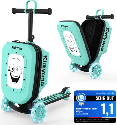 Immagine prodotto di Valigia Kidiyana Scooter verde, monopattino con ruote a LED, regolabile in altezza, finestra di visualizzazione A5, estensione dello spazio di archiviazione di 7 cm, adatto al bagaglio a mano, a partire da 2 anni di età