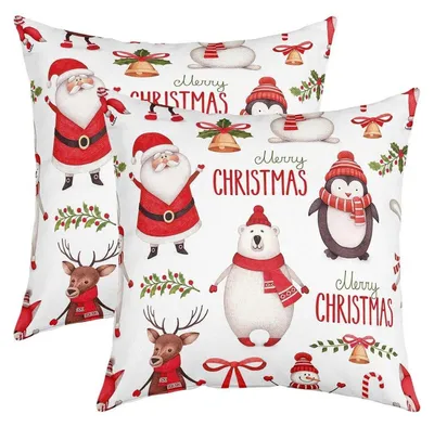 Productafbeelding van Kussenslopen, kerstthema, 45x45 cm, 2 stuks, met afbeelding van een beer, een hert en een pinguïn, polyester