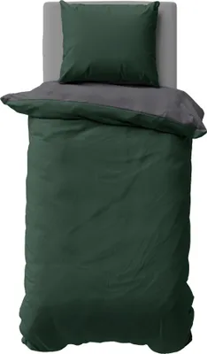 A bedding set consisting of a duvet and a pillow, laid out on a bed frame.