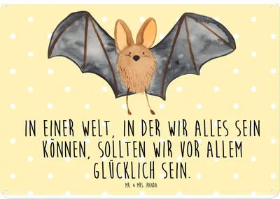 Produktbild von Mr. & Mrs. Panda Schild Fledermaus Flügel DIN A4 - Gelb Pastell - Geschenk, Wandbild, Magnetschild, Türschild, Blechschild, Lustige Sprüche, tafel