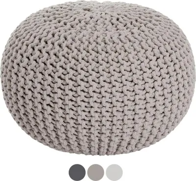 Produktbild von Strickhocker Pouf Sitzpouf in Grobstrick-Optik Ø 45 x H 30 cm, Farbe hellgrau