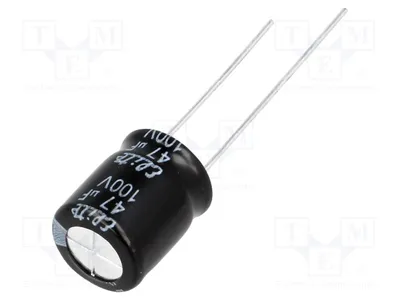 Obrázok produktu pre 10 kusov: Elektrolytický kondenzátor, povrchová montáž (THT), 47 µF, 100 V DC, priemer 10 mm, dĺžka 12,5 mm, tolerancia 20%, typ PF2A470MNN10C5