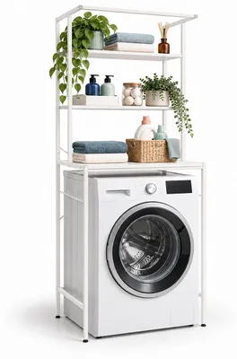 Immagine prodotto di Relaxdays, scaffale per lavatrice, con 3 ripiani, da posizionare sopra la lavatrice, l'asciugatrice o il water, dimensioni: altezza 161 x larghezza 66 x profondità 40 cm, colore bianco, Immagine generata dall'IA