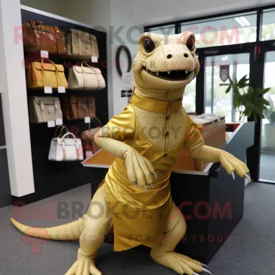 Productafbeelding van Gouden komodovaraan mascotte REDBROKOLY kostuum karakter gekleed met een plooirok en aktetassen