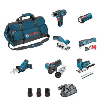 A collection of Bosch power tools and accessories laid out on a white background.