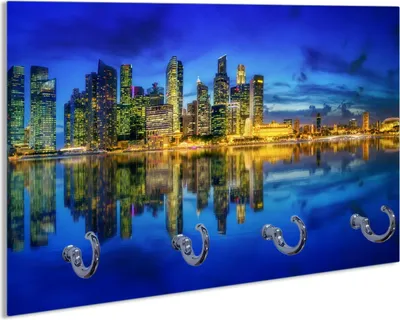 Produktbild von Wallario Schlüsselbrett aus Glas, Motiv: Skyline von Singapur in der Abenddämmerung, 30 x 20 cm mit 4 Haken