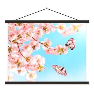 Produktbild von MuchoWow® Textilposter Schmetterlinge - Baum - Blumen 150x113 cm mit schwarzem Rahmen - Wohnzimmer