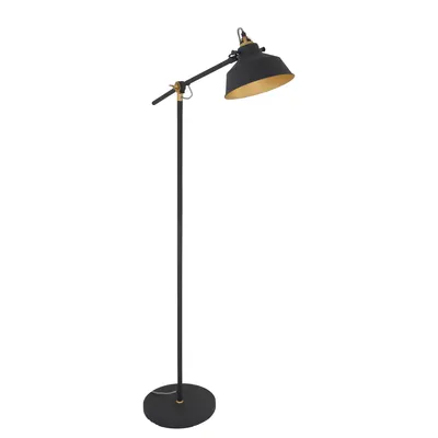 A black and gold floor lamp against a white background.