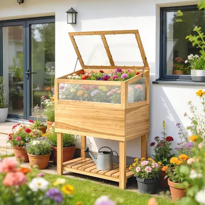 Produktbild von Hochbeet mit Frühbeetaufsatz, Pflanzkasten Holz klappbar, Naturholz Tannenholz | 80 x 45 x 108,5 cm | 8,8 kg | PC-Abdeckung