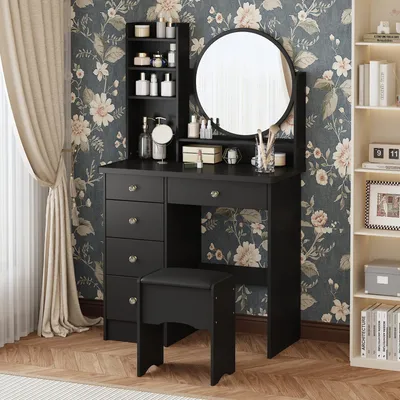 Produktbild von Schminktisch mit Hocker und 5 Schubladen, Frisiertisch, Kosmetiktisch mit großem runden Spiegel, Schminktische, Schwarz, MDF, 80 x 40 x 135 cm