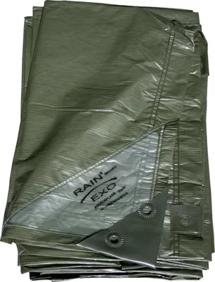 A folded green tarp is shown against a white background.