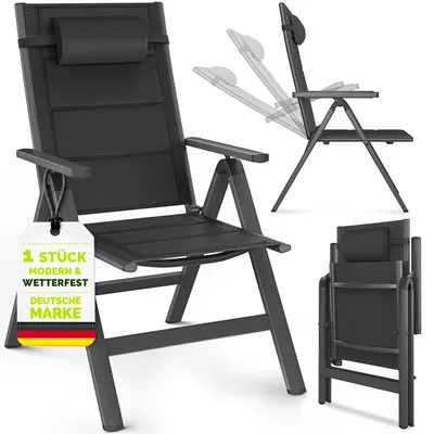 Image de Chaise de jardin Tillvex avec rembourrage Premium, 1 pièce, anthracite, pliable, en aluminium | Dossier haut avec accoudoirs | Chaise pliante réglable | Fauteuil pliant pour balcon, jardin ou terrasse
