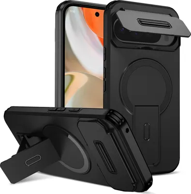 Produktbild von Magnetisch Hülle für Google Pixel 9 Pro XL/Pixel 10 Pro XL, Dual Layer Stoßfest Handyhülle mit Dia Kameraschutz, Verstellbarem Ständer Schwarz