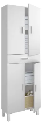 Produktbild von Mehrzweck-Kabinett Dlobotk, Schrank für Badezimmer oder Waschküche mit 4 Türen und 1 Schublade, Mehrzweck-Schuhschrank, 60x29h182 cm, Glänzend Weiß