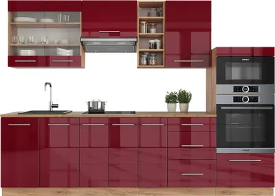 Produktbild von Küchenzeile  Vicco Fame-Line Bordeaux Hochglanz/Goldkraft Eiche 280 cm ohne Arbeitsplatte, Model 38694