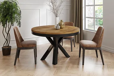 Produktbild von Runder Ausziehbarer Esstisch im Loft-Stil - Industrieller Tisch mit Schwarzen Metallbeinen - Platzsparender Tisch für Wohnzimmer - Lefkas Eiche - 120 bis 200 cm