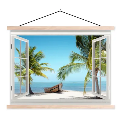 Produktbild von MuchoWow® Textilposter Durchsichtig - Strand - Palme - Boot - Tropisch - Meer - Blau 40x30 cm mit holzfarbenen Rahmen - Bilder