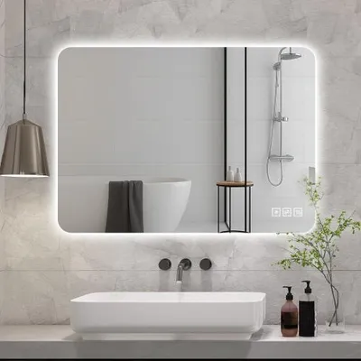 Image de Miroir de salle de bain LED 90 x 70 cm sans cadre avec rétroéclairage, intensité réglable, tactile, anti-buée, 3 couleurs de lumière 3000 K-6000 K, horizontal, vertical, argent