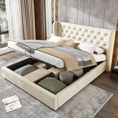 A bedroom scene with a bed that has storage underneath, showing bedding and pillows.